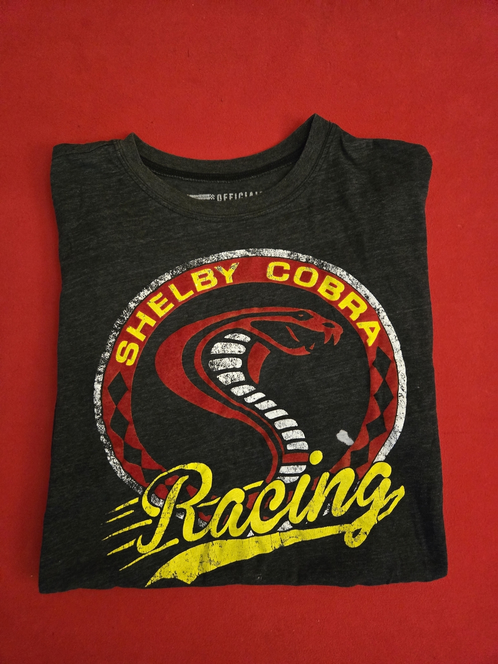 SHELBY COBRA MUSTANG RACING TEE  - Dark Grey with Red & Yellow print.